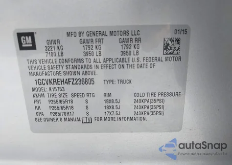 2015 Chevrolet Silverado 1500 1Lt z USA, uszkodzony, nr VIN 1GCVKREH4FZ236805